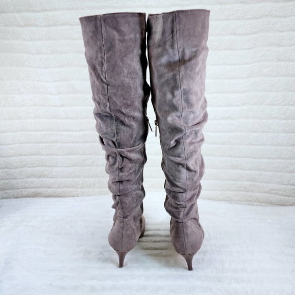 Autumn Pointy Toe Low Kitten Heel Slouchy Knee High Boots Taupe Faux Suede - Picture 3 of 10